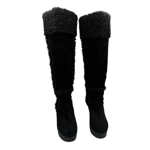 Michael Kors Knee High Suede &‎ Shearling Wedge Cutout Heel Boots - Picture 3 of 15